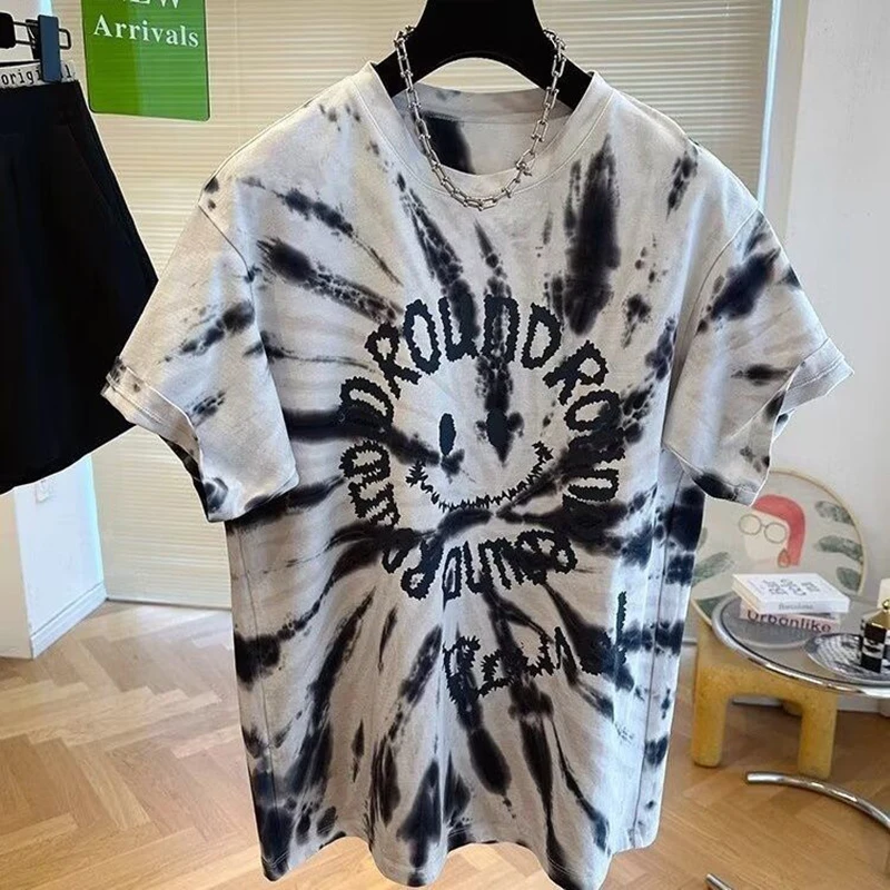 Fashion O-Neck Printed Letter Short Sleeve Tie Dye T-Shirts Men\'s Clothing 2024 Summer New Loose Casual Tops England Tee Shirt