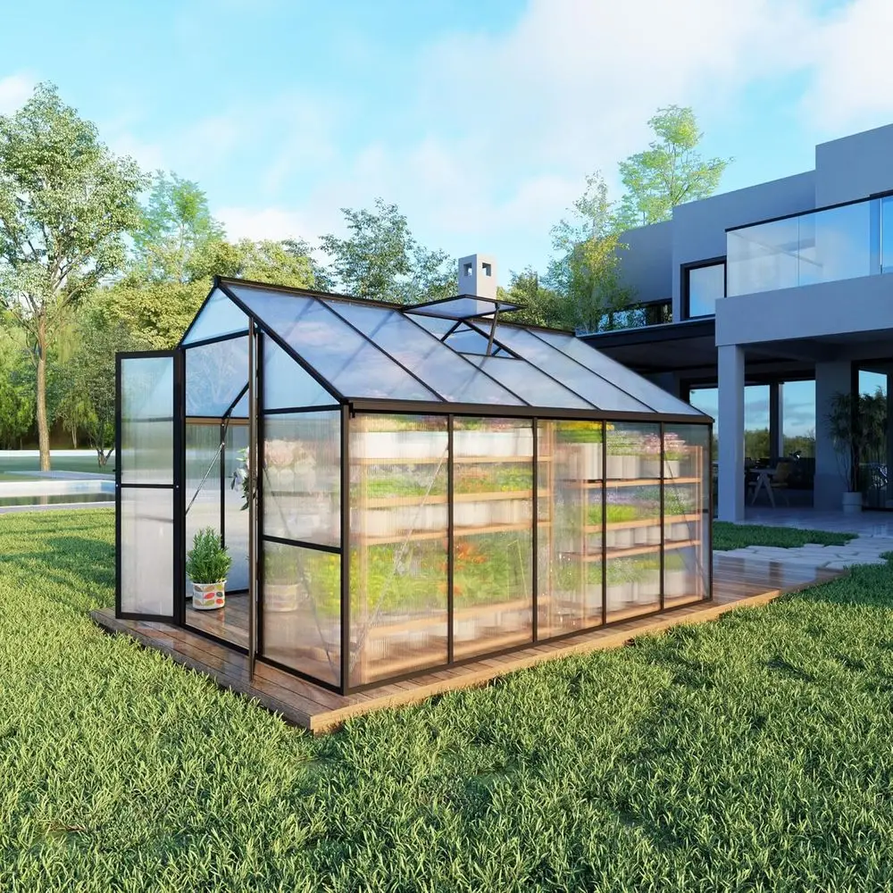

Quick Assembly Large Poly Greenhouse, Walk-In with Roof Vent & Lockable Door, Black (119x96x77)