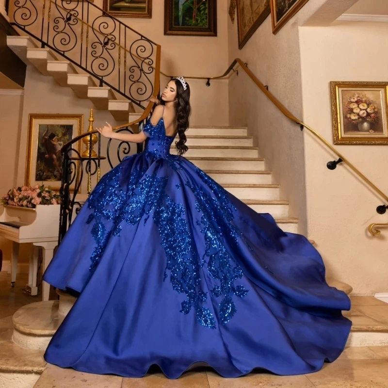 Royal Blue Quinceanera Dress Ball Gown Shiny Lace Applique Beading Corset Sweet 16 Birthday Party Gowns Vestidos 15 De XV Años