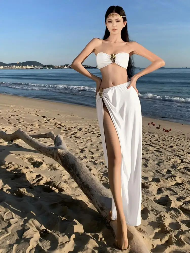 

Summer Women's Beachwear Two-piece Set Clothes White Sleeveless Bandage Strapless Short Tops + High Waist Split Long Skirt Trend