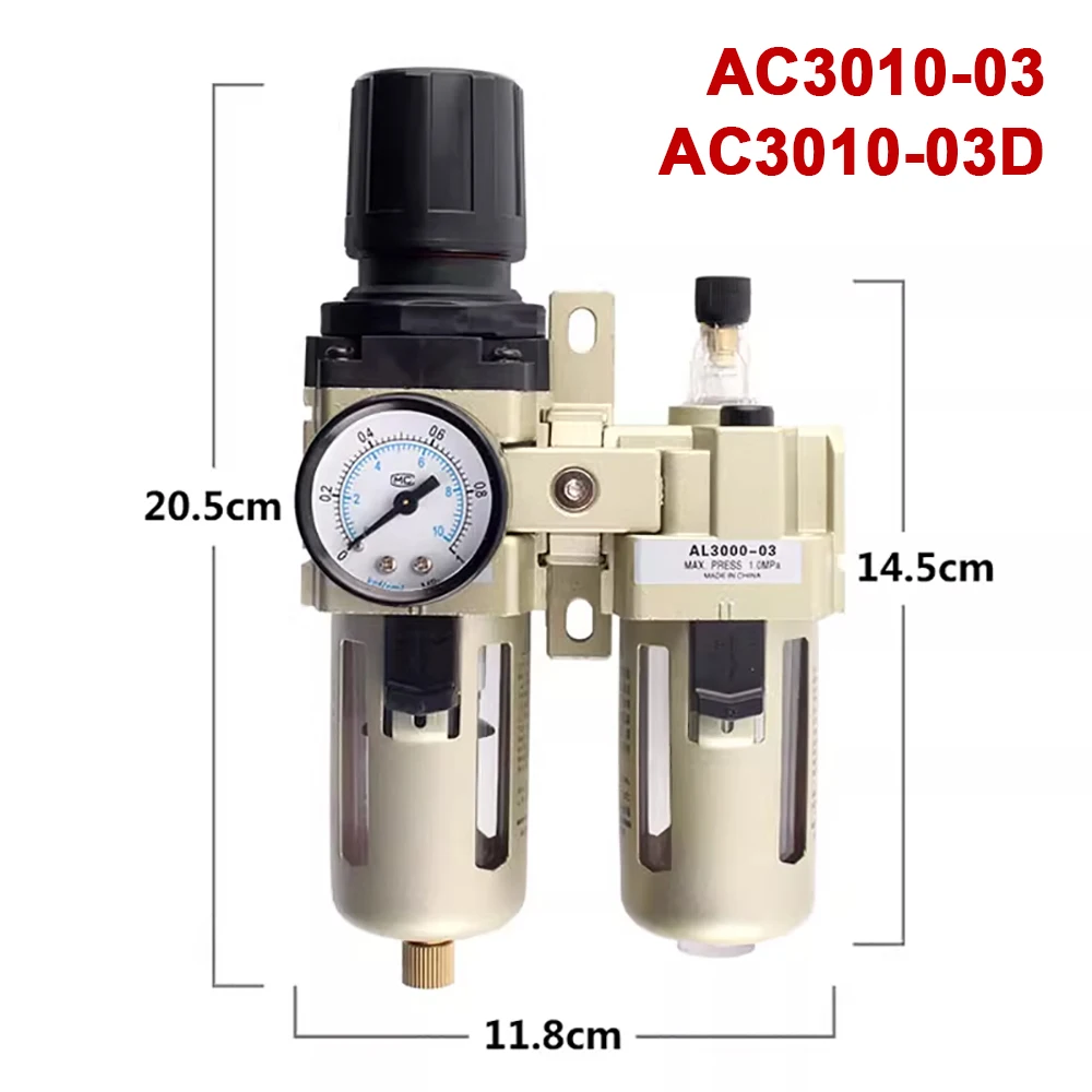 

AC3010-03 AC3010-03D Регулятор давления сжатого воздуха из алюминиевого сплава Влажная ловушка Фильтр для воды 3/8 "с манометром