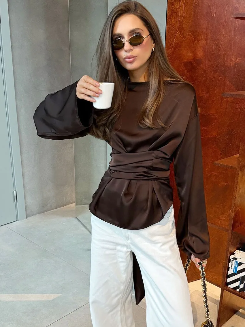 

Spring Summer Women's Clothing Slimming Tie Neck Long Sleeve Loose Blouse Elegant Casual Top For Woman Polyester Round Neck Mid