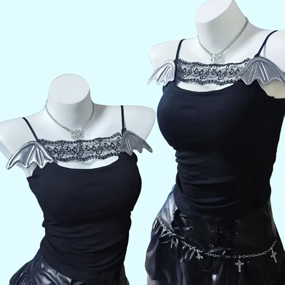 Twins of Angels and Demons Lace-winged Musical Note Blouse Gothic Girl Top Solid-color Top Daily Versatile Gothic Style Y2K Punk