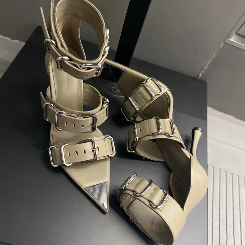 Pointed Toe High Heels Women Belt Buckle Fashion Designer Sandals Open-toe Metal Buckle Roman Sandals Sexy Punk Sandals Women