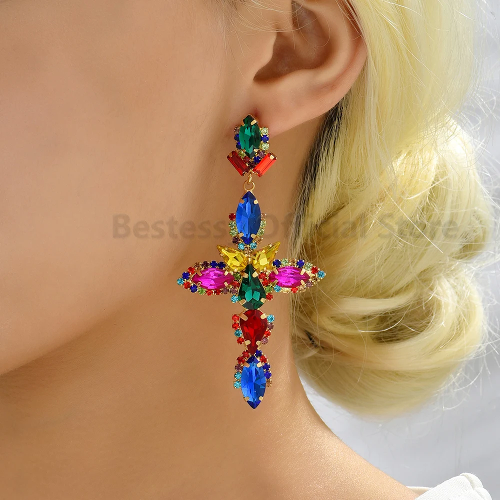 Fashion Hanging Rhinestones Long Gothic Cross Large Drop Earrings For Women Luxury Trendy Girl Party Wedding Jewelry Accessories