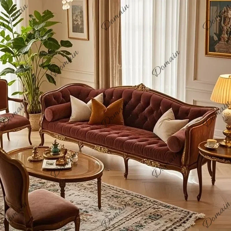New Discount French solid wood carving flower retro three-person sofa European villa fabric tiger chair American straight row ho