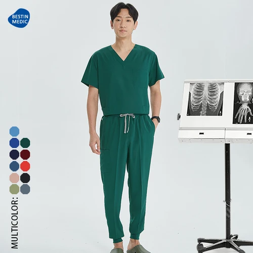Imagen 1 del producto Uniformes de trabajo hospitalarios verdes, traje de médico de manga corta, conjunto exfoliante clínico para mujeres y hombres, enfermera, Top con cuello en V, pantalón para correr S21