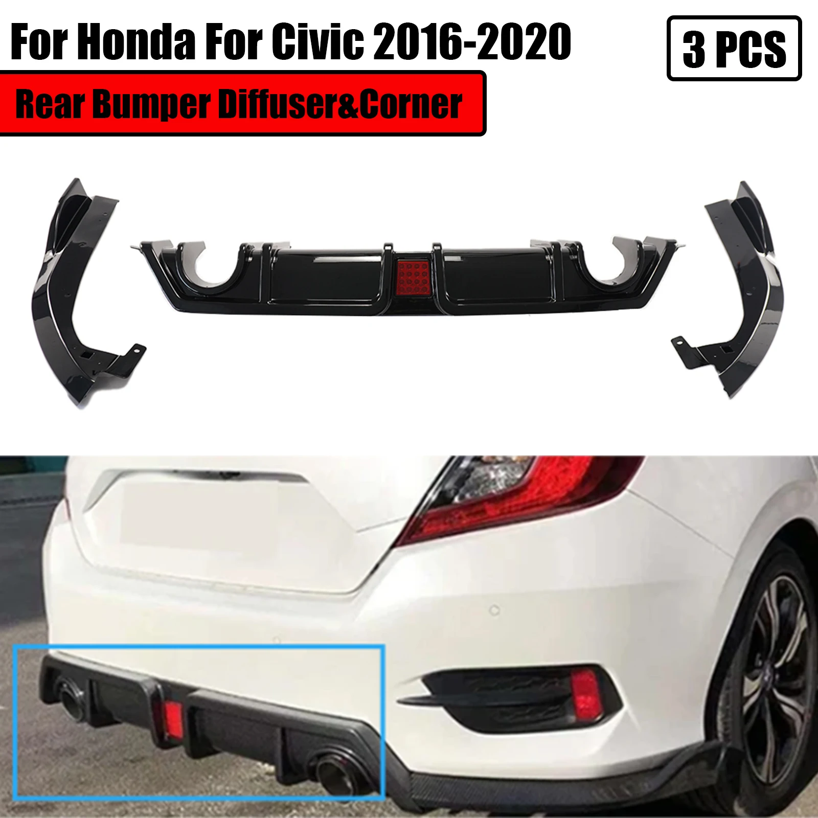 

For Honda For Civic 2016-2020 3PCS Car Rear Bumper Diffuser&Corner Splitter Lip Bumper Guard Protector Body Kit LED Light