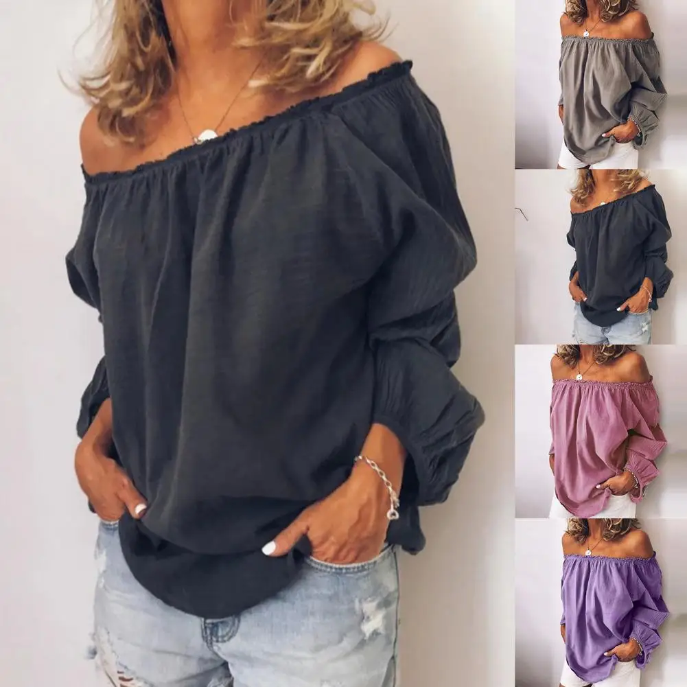 

Women Blouse Pleated Off Shoulder Blouse Autumn Winter Solid Color Long Sleeve Top Streetwear Loose Top For Party