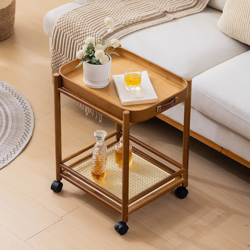 Portable Mobile Rattan Storage Side Table, Detachable 2-Piece Tea Coffee Table, Light Luxury Shelf for Living Room, Small Space