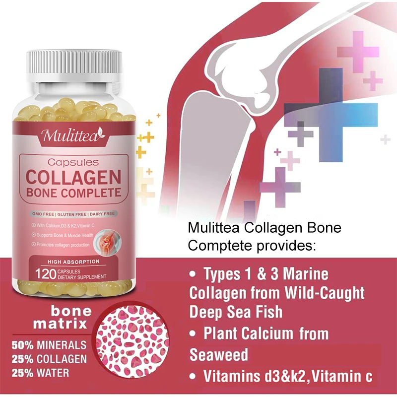 Mulittea Bone Collagen Complete Bioactive protian Peptides with Calcium&Magnesium Helps Bone Growth Calcium Absorption