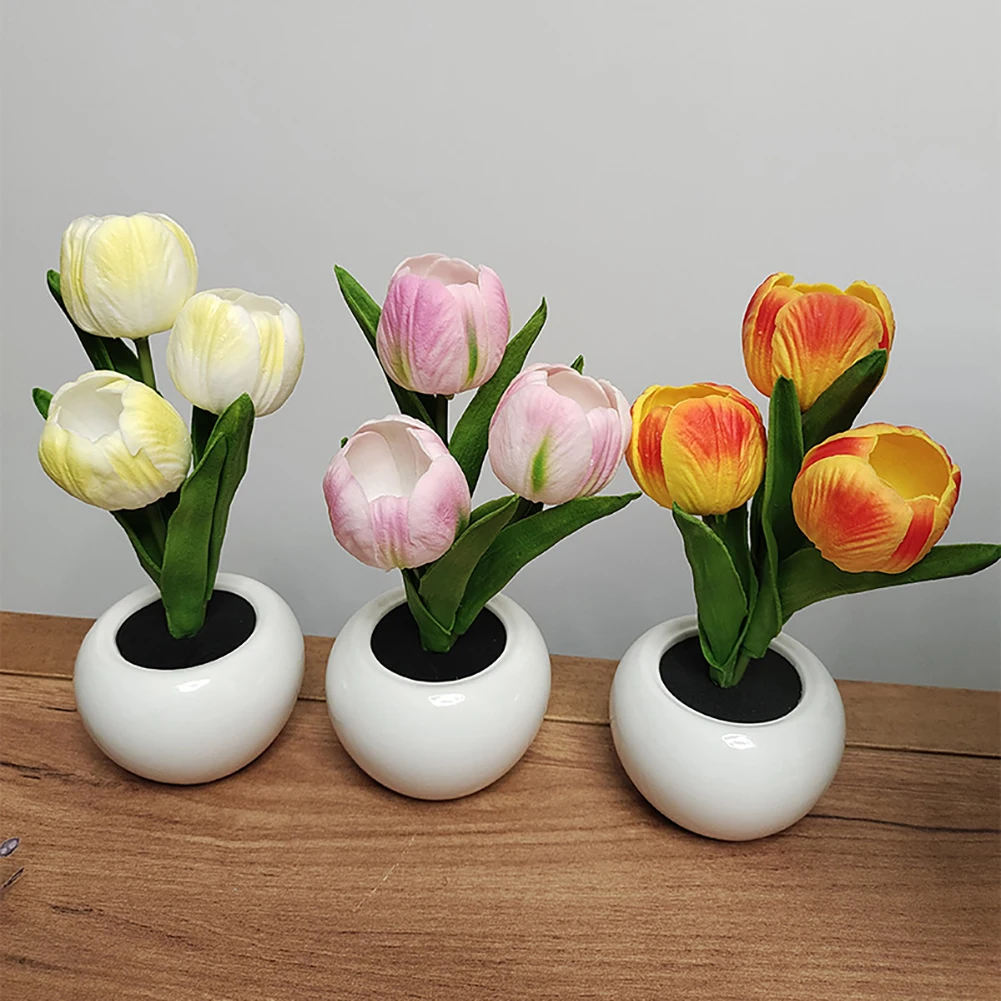 Led Simulation Tulip Night Light with Vase,3 Heads Tulip Flower Table Lamp Ornament Flower Potted Ambient Light for Her Birthday