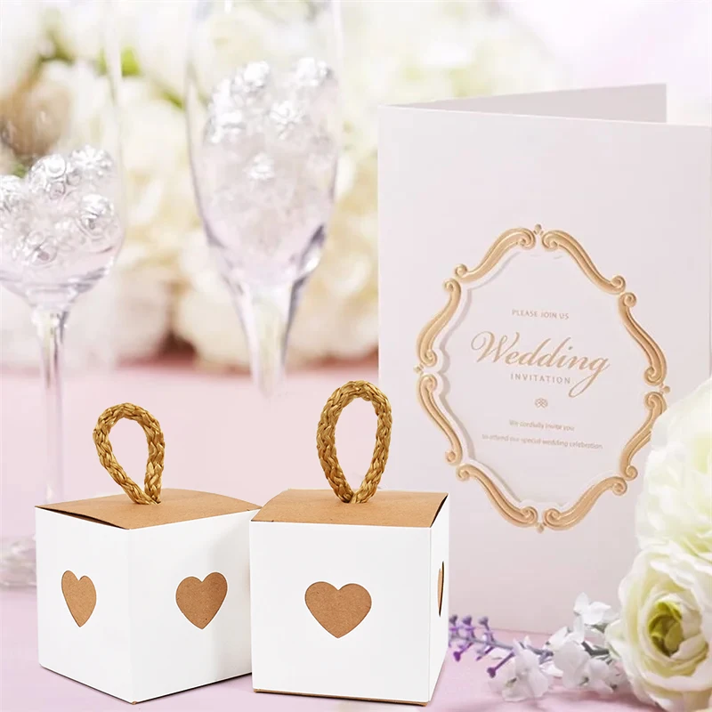 Square Heart Kraft Paper White Brown Candy Boxes With Twine Handles Gifts Packaging Boxes Wedding Birthday Party Supplies Favor