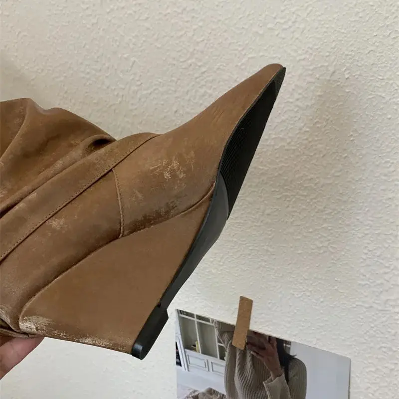 Black Wedges Long Boots Ladies Pointed Toe Chunky Shoe Fall Fashion Boots Designer Trousers wedges shoe woman Botas Altas