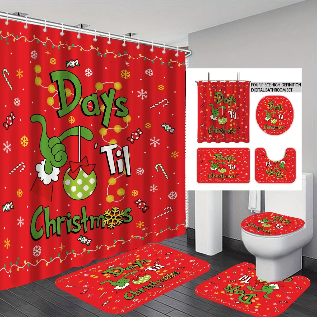 4pcs Merry Christmas cartoon Red Printed Bathroom Set 180x180 Waterproof Shower Curtain, Floor Mat, Toilet Mat U-Shaped Pad