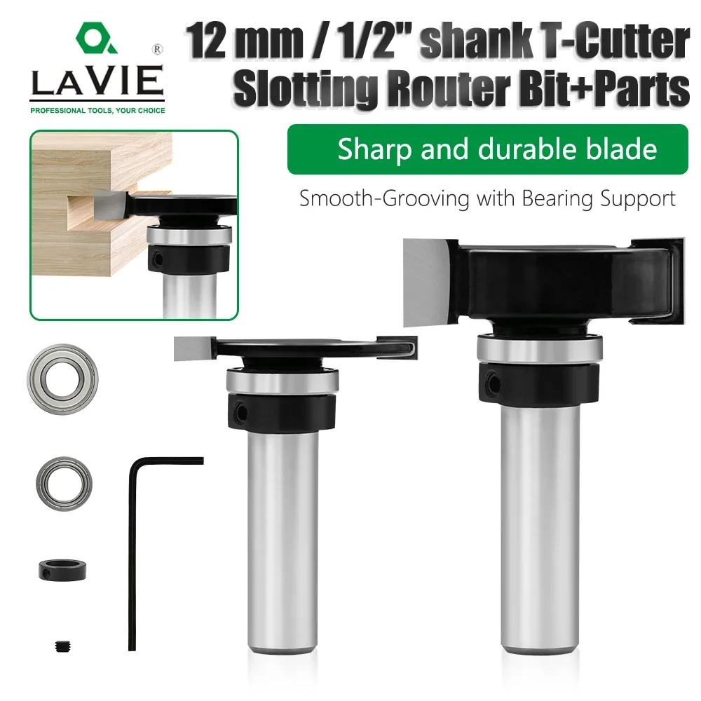 LAVIE T-Track Router Bit With Bearing & Bushing Kit, 12mm & 1/2