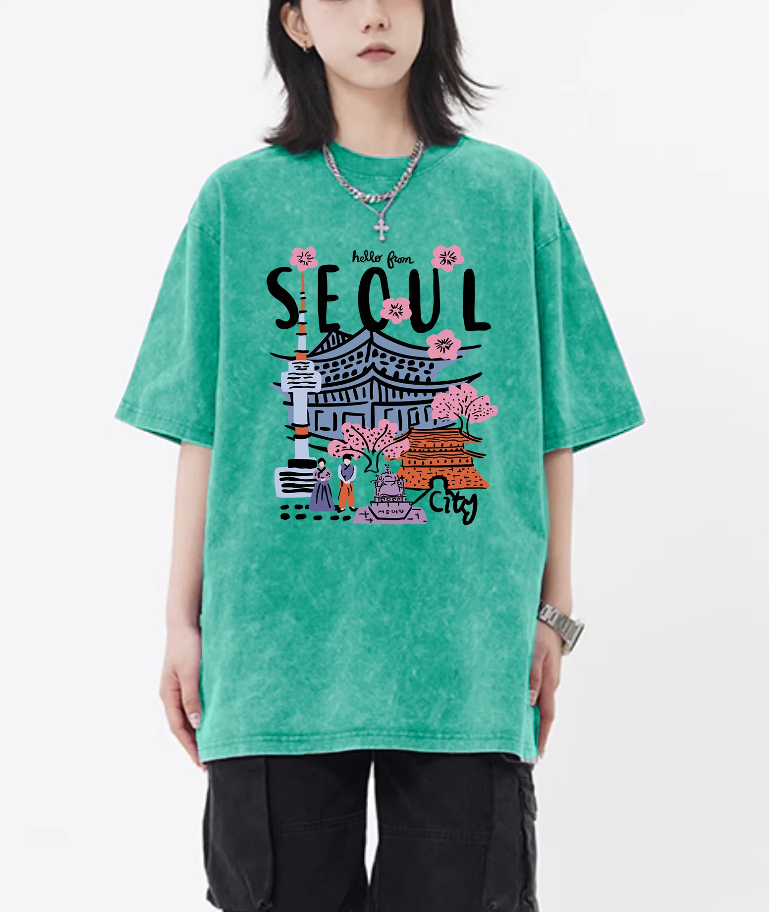 Seoul Beautiful Scenery Printed Washed T-Shirt Female Breathable New Cotton Cool Tee Shirt Summer Snow Wash Clothing Unisex