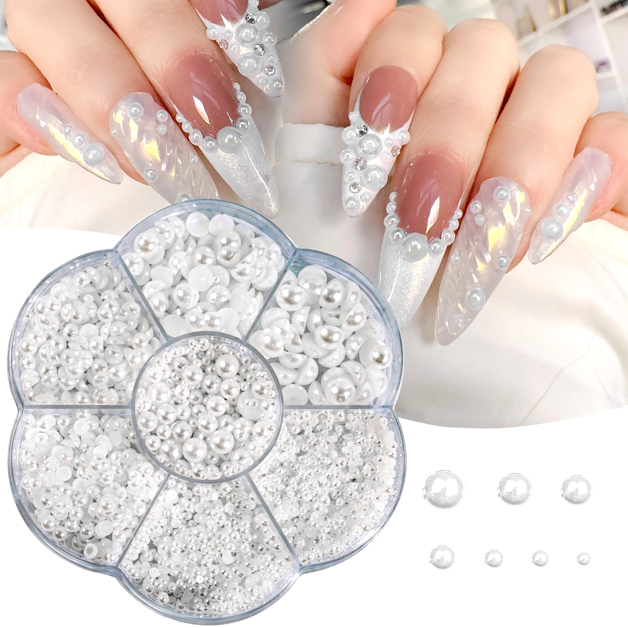 Caja de perlas 3D para manicura, abalorios de diamantes de imitación blancos, varios tamaños, decoración artística de uñas, 1 caja