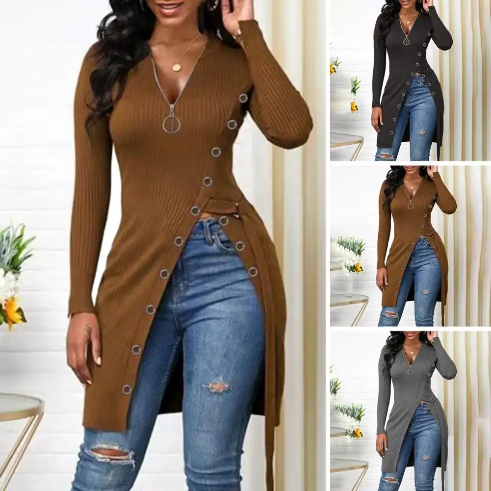 Solid Color Top Elegant V-neck Long Sleeve Blouse with High Split Hem Waist Strap for Women Spring/fall Fashion Essential Women