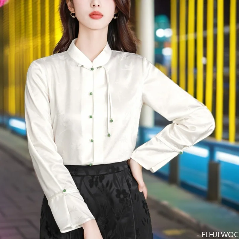 Hot Chinese Style Chi-pao Collar Design Tops New Year 2024 Spring Women Office Lady Girls Elegant Retro Shirt Blouse Vintage