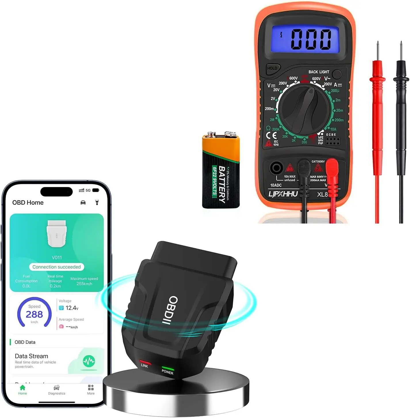 

OBD2 Scanner Bluetooth 5.4 Car Diagnostic Tool for iPhone Android, Wireless OBD II Code Reader with Digital Multimeter, Compatib