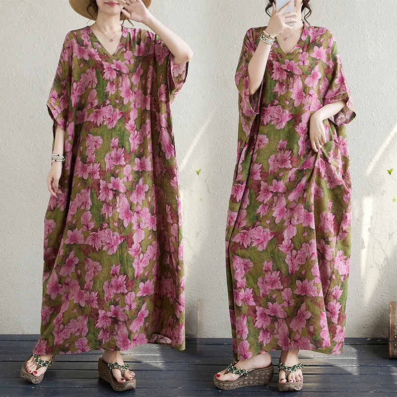 حجم كبير الصيف الأزهار Vaion Sle السفر V-Ne الرجعية طويلة الدكتور اللحوم إخفاء القطن الكتان الدكتور الملابس النسائية