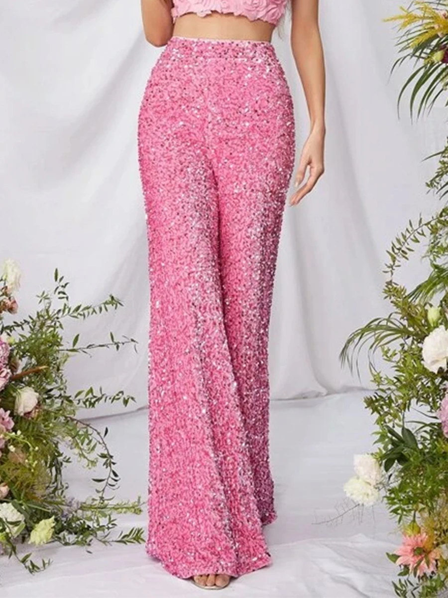 Women's Casual Loose Wide Leg Pants Elastic Band High Waist Sequin Trousers Fashion Streetwear