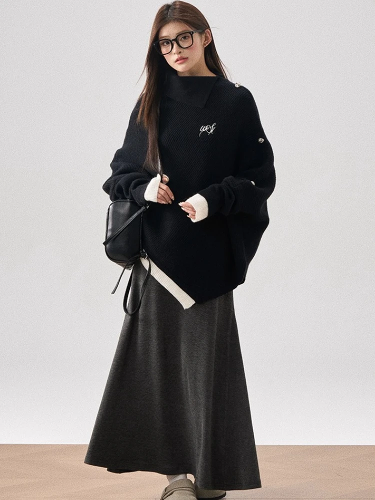 Tops de punto holgados de manga larga para mujer, suéter elegante a la moda de Corea para oficina, jersey de Color puro para otoño, ropa elegante Y2k