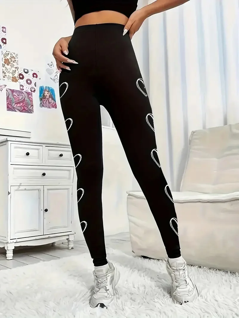 Love patchwork printed tight stretch elastic waist women\'s casual leggings