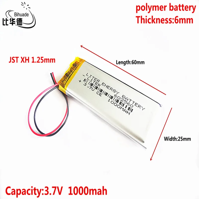 new JST XH 1.25mm 3.7V 1000MAH 602560 Lithium Polymer LiPo Rechargeable Battery For Mp3 headphone PAD DVD bluetooth camera