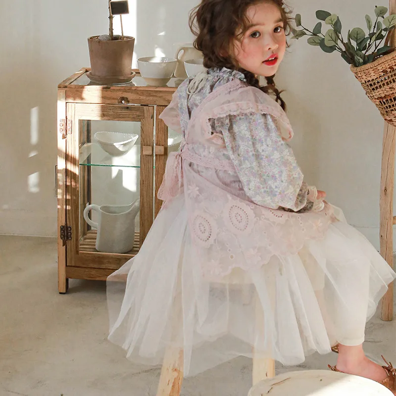 Baby Clothing Girls Apron Dress Spring Autumn 2024 New Fashionable Casual Simple Beautiful Lace Organza Korean Style Girls