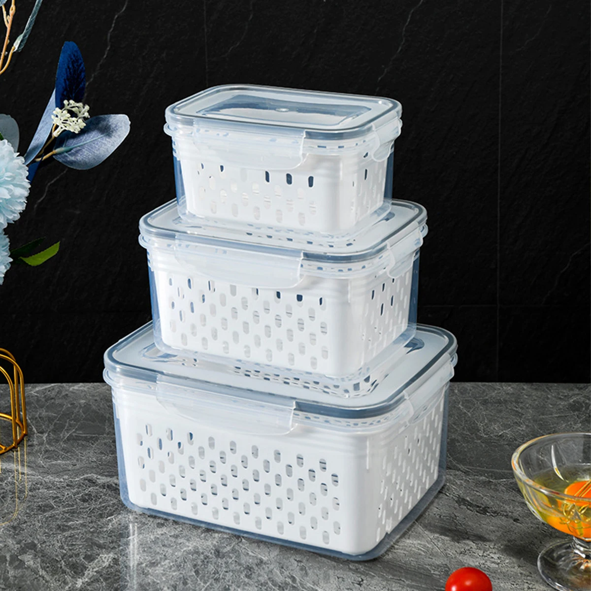 

Food-grade Plastic Crisper Set Of Three Microwaveable Food Kitchen Refrigerator Special Fruits Vegetables Draining Basket