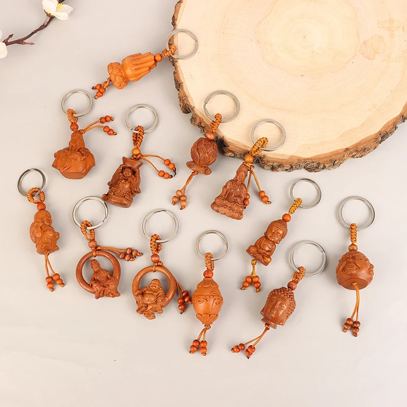 Peach Wood Keychain Guanyin Buddha Gourd Teapot Pixiu Dragon Three-dimensional Keychain