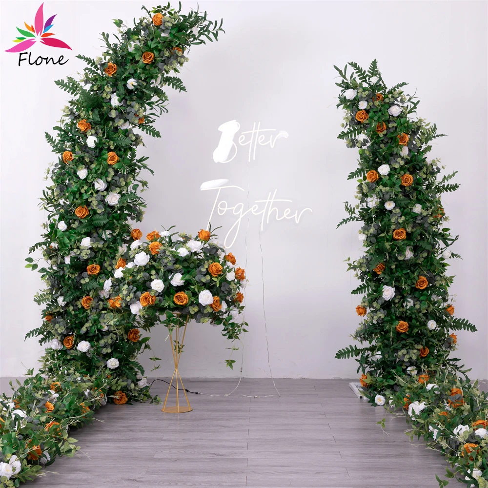 

Floral Arrangement Welcome Greenery Olive Leaf Ivory White Burnt Orange Rose Flower Runner Wedding Backdrop Event Decoration