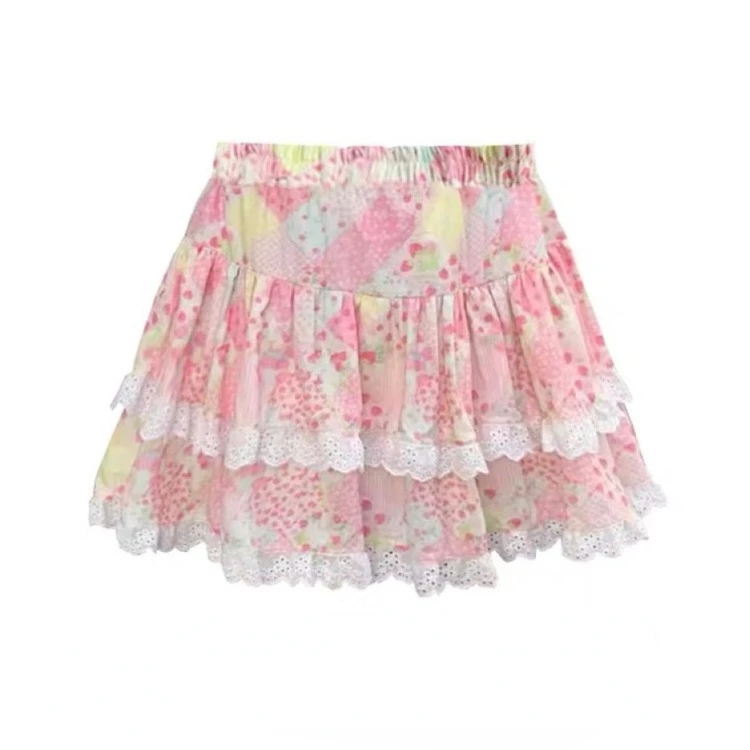 Fashion Sweet Floral Print Lace Skirt for Women Y2k E-Girl High Waist Ruched Cake Skirts 2024 Summer New Faldas Mujer