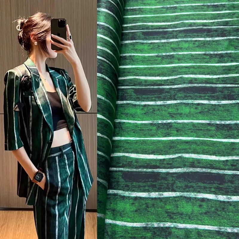 Fashion Tie Dyed Green Striped Silk Fabric with High-quality Elastic Twill Luxury Shirt Dress Set Brand Designer Fabric Sewing