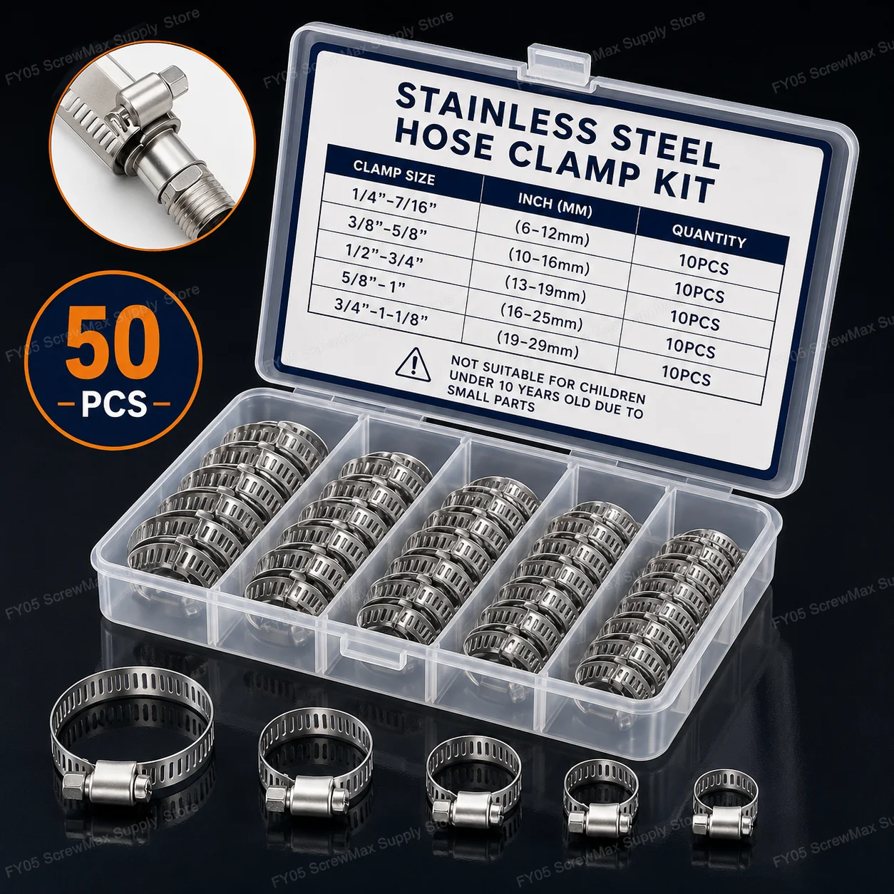 50PCS Hose Clamp Set - Stainless Steel Worm Gear Clamps For Pipes, Intercoolers, Plumbing, Tubes & Fuel Lines (1/4'' - 1-1/8'')