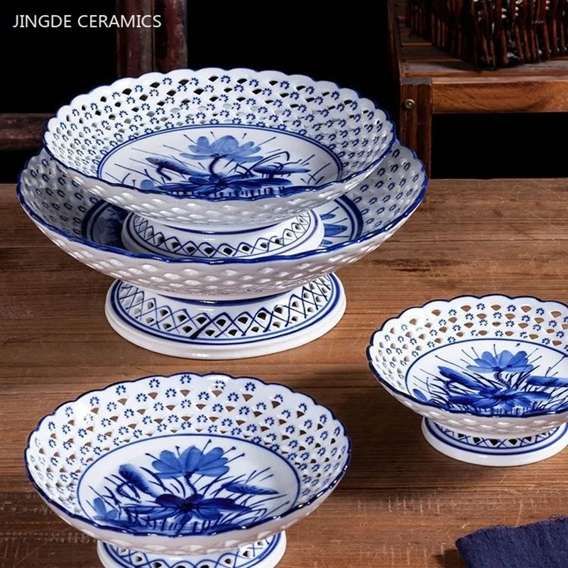 

Jingdezhen Ceramic Fruit Plate Hand-painted Blue and White Porcelain Plate Home Desktop Decor Exquisite Snacks Dessert Plate