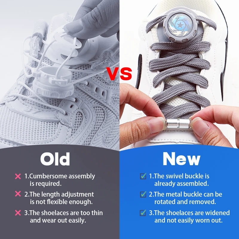 أربطة أحذية أوتوماتيكية بدون ربطة عنق مع إبزيم دوار للأحذية الرياضية الكاجوال رباط حذاء مسطح للبالغين والأطفال سهل الارتداء على أربطة الأحذية الرياضية