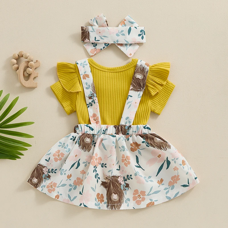 

Baby Girl Summer Outfit Short Sleeve Ribbed Romper Floral Print Overall Skirt Dress Headband 3Pcs Newborn Outfit