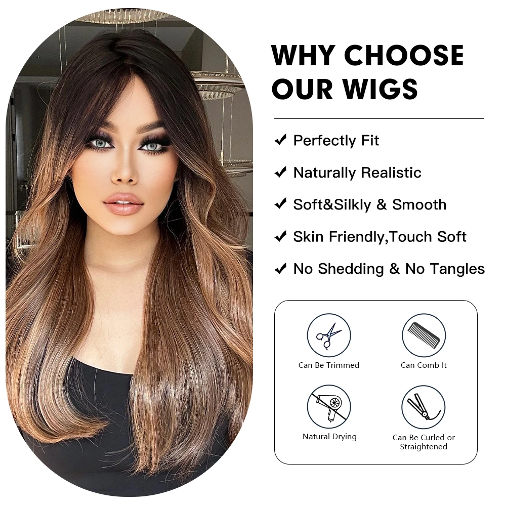 Brown Ombre Monofilament Wigs for Women Long Wavy Futura Wigs Free Parting Natural Hairline 18 inch Lace Synthetic Wig Glueless