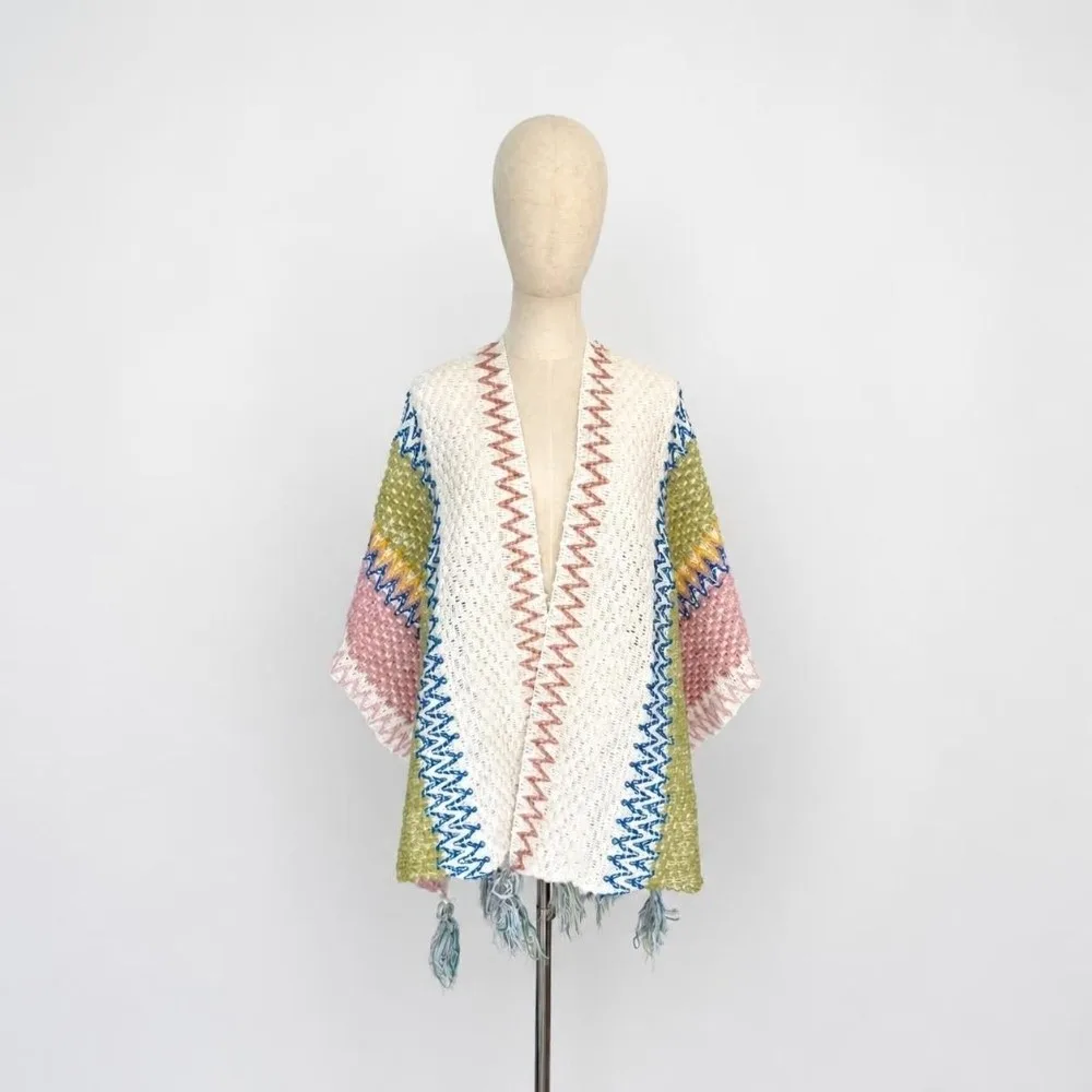 Striped Pattern Knit Poncho Cape Oversized Ethnic Print Shawl Wrap Cardigan Long Tassel Warm Open Front Poncho Autumn Winter