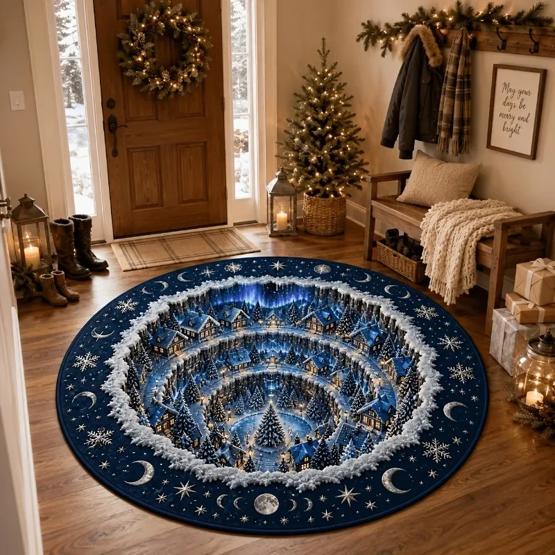 Round Area Rug 2D Flat 3D Illusion Christmas Flannel Carpet Soft Fluffy Cozy Living Room Bedroom Bedside Table Floor Pad