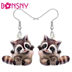 BONSNY Acrylic Sweet Brown Northern Raccoon Drop Dangle Earrings Cartoon Animals Jewelry Gifts For Women Girls Kids Friends