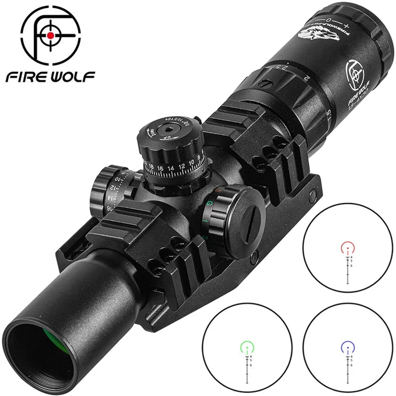 

FIRE WOLF 1.5-4X30 Scope Hunting Tactical Optical Rifle with Red Green Illuminated Cross Turret lock Scope Range Airsoft Mirror