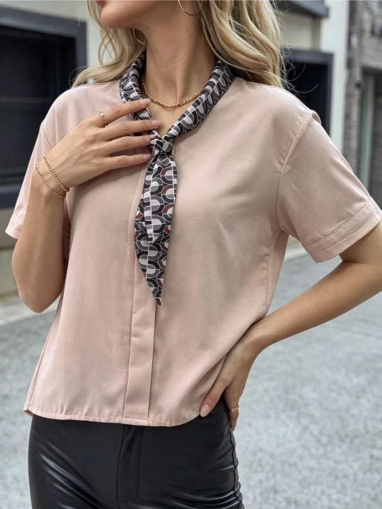 Summer Women Solid V‑neck Shirt Scarf Lace‑up Detail Elegant Comfortable Niche‑style Office Commuter Daily Blouse Top