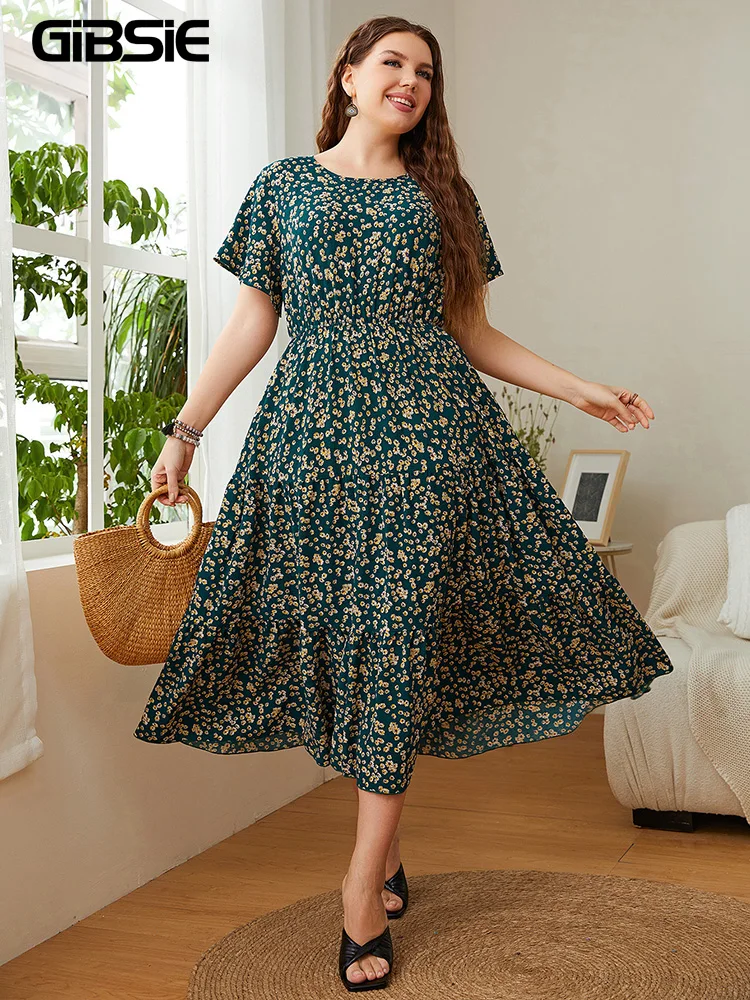 GIBSIE Plus Size Ditsy Floral O-Neck Ruffle Hem Dress Women Holiday Boho Summer Short Sleeve Elastic A-line Casual Long Dresses