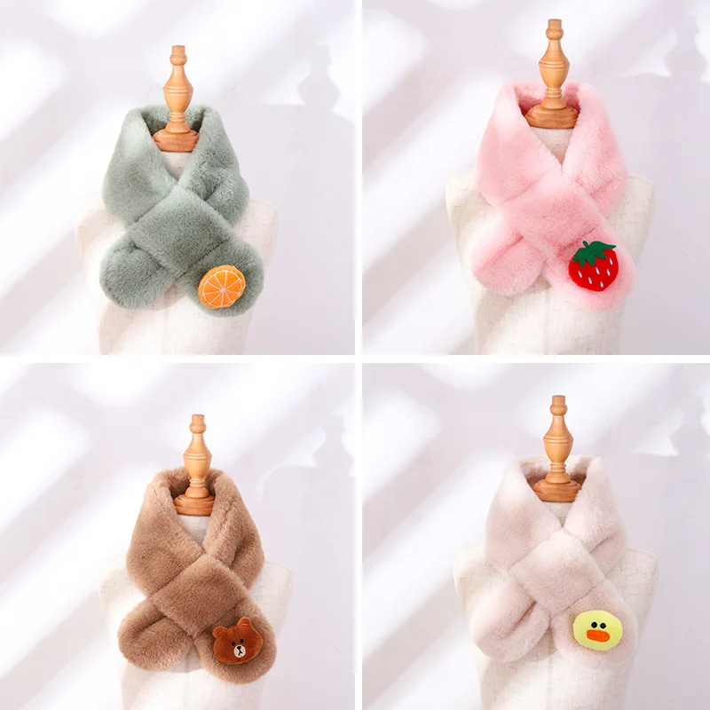 Winter Warm Thicken Scarfs for Children Cute Cartoon Faux Rabbit Fur Cross Collar Scarves Baby Boy Girl Soft Plush Scarf Gift