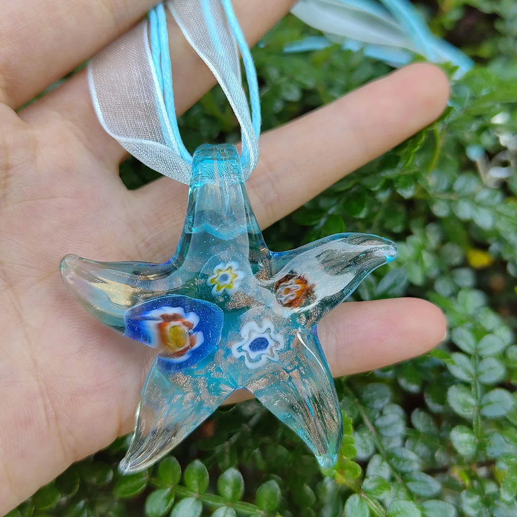 1PCS Handmade Muran Lampwork Glass Quartz Crystal Starfish Pendant Gauze Belt Necklace Flower Glaze Charm Pendant Jewelry