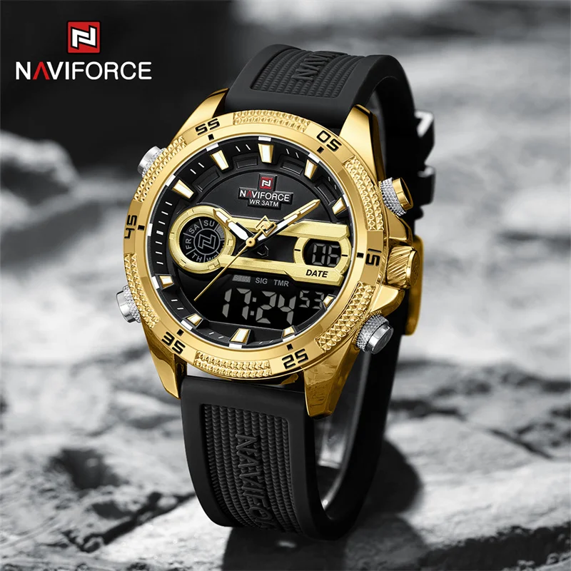 NAVIFORCE Men Sport Watches Digital Chronograph LED Week Date Display Wristwatches Male Silicone Strap Waterproof Luminous Clock